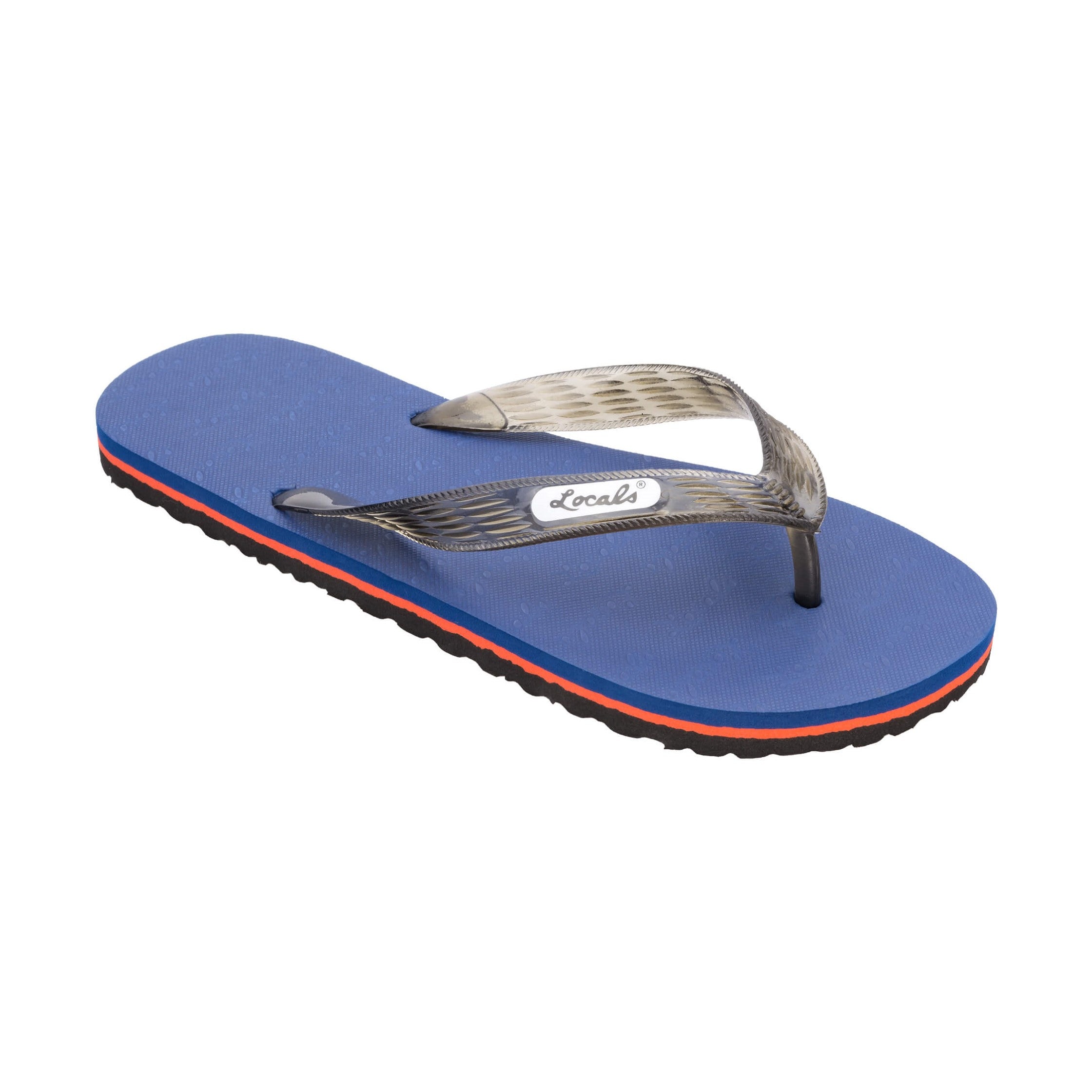 Locals Unisex Stripe Navy Flip Flops featuring a Blue/Black platform with a Red stripe and a Translucent Black strap.