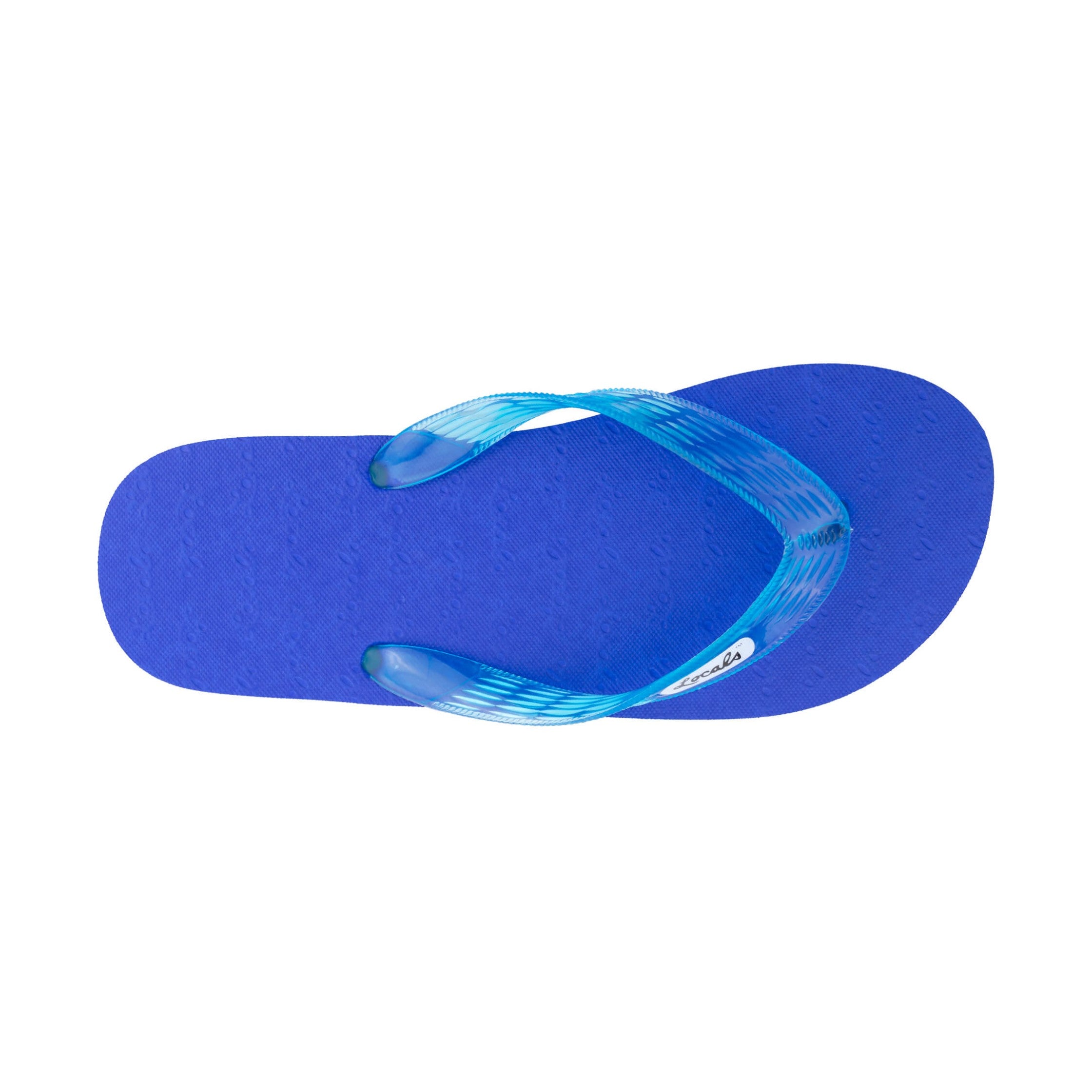 Locals Unisex Stripe Ocean Flip Flops featuring a Blue/Turquoise platform with a White stripe and a Translucent Turquoise strap.