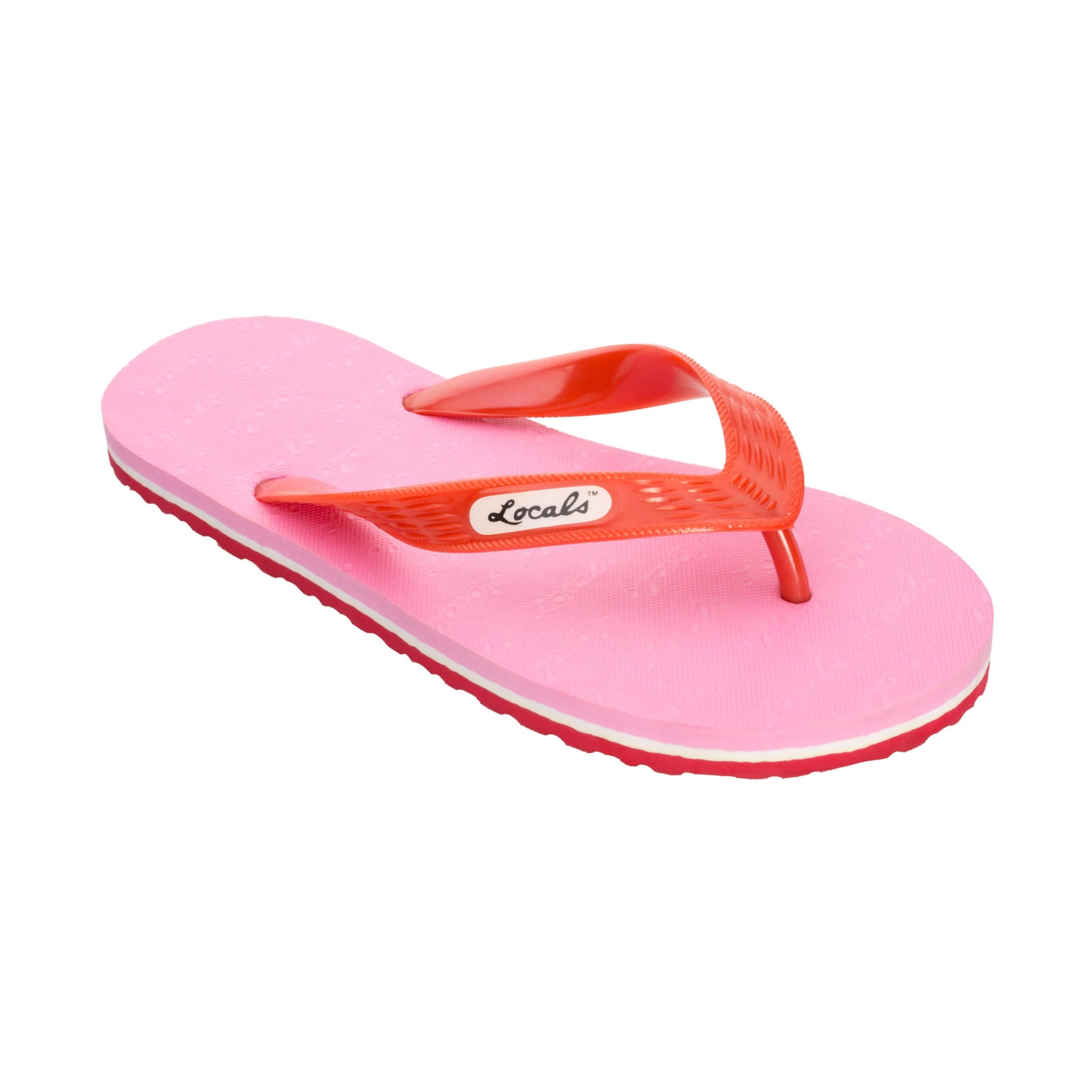 Locals Unisex Stripe Pink Flip Flops featuring a Pink/Red platform with a White stripe and a Solid Red strap.